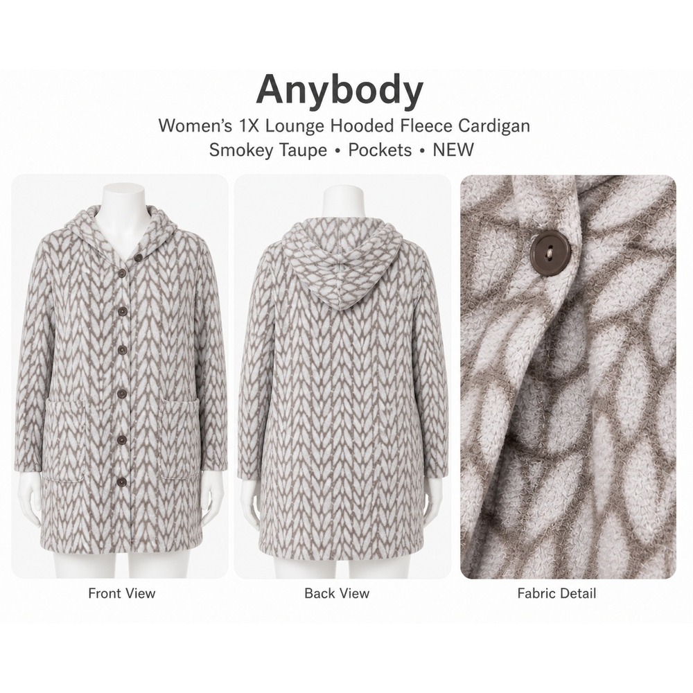 Anybody Womens 1X Lounge Hooded Fleece Cardigan Smokey Taupe Pockets NEW A626287